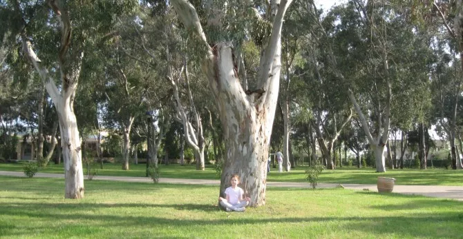 Sani resort - dete meditira ispod drveta