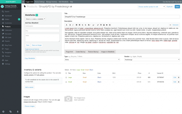 Shopify admin panel